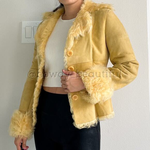 New Label SheepSkin Cream Yellow Leather Button Up shearling Jacket - Picture 15 of 15